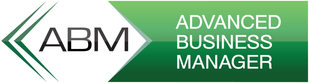 Advanced Business Manager logo Rectangular white/green logo featuring ABM text(black/left) and Advanced business manager text(white/right). Best bespoke accounting software