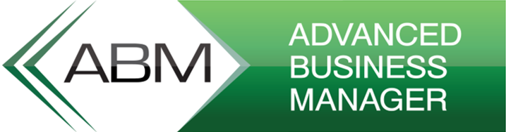Advanced Business Manager logo Rectangular white/green logo featuring ABM text(black/left) and Advanced business manager text(white/right). Best bespoke accounting software