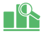 Three column bar chart with magnifying glass. Optional module for ABM. Business and accounting data analysis.